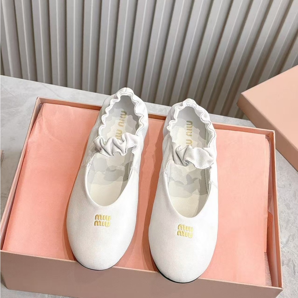 Miu Miu White Leather Ruched Strap Ballet Flats Gold Logo